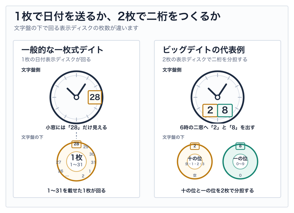 通常デイトの文字盤下で一枚の日付表示ディスクが回り、6時位置の二窓式ビッグデイトでは十の位と一の位を受け持つ二枚の表示ディスクが別々に回る概念比較