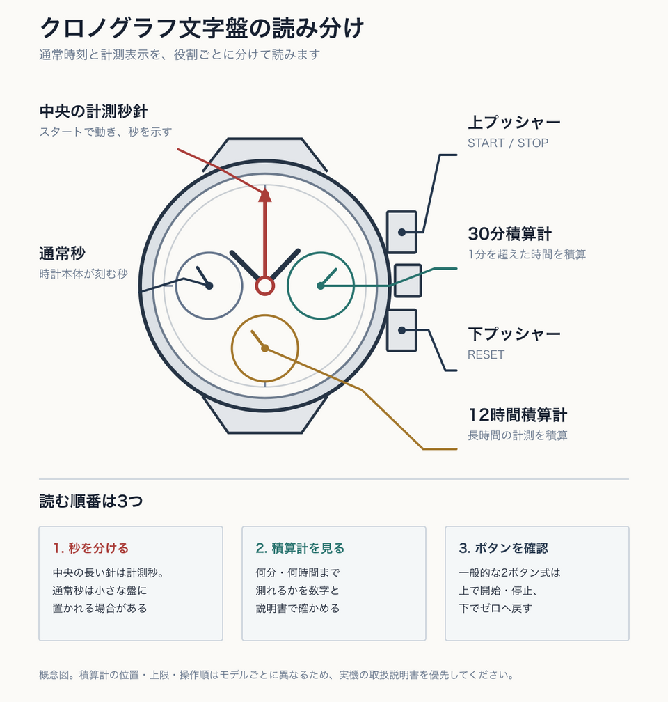 中央の計測秒針、通常秒、30分積算計、12時間積算計、上下プッシャーを示すクロノグラフ文字盤の概念図
