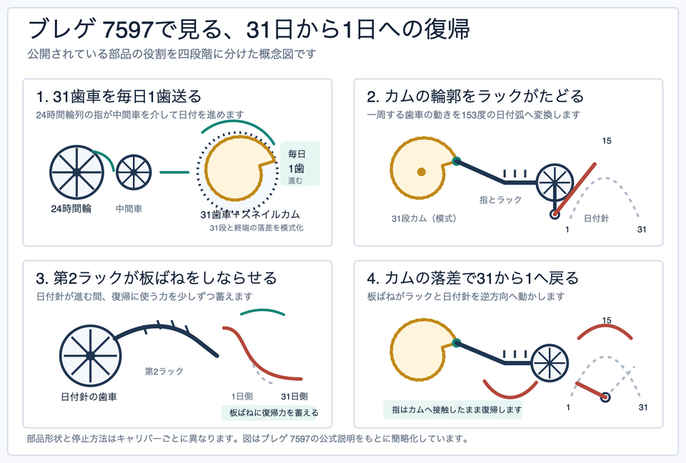 ブレゲ 7597の日付機構をもとに、31歯車の送り、スネイルカムとラック、板ばねの蓄力、31日から1日への復帰を四段階で示す概念図